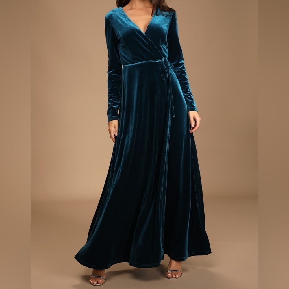 Lulus Jacinda Teal Blue Velvet Wrap Maxi Dress NWT